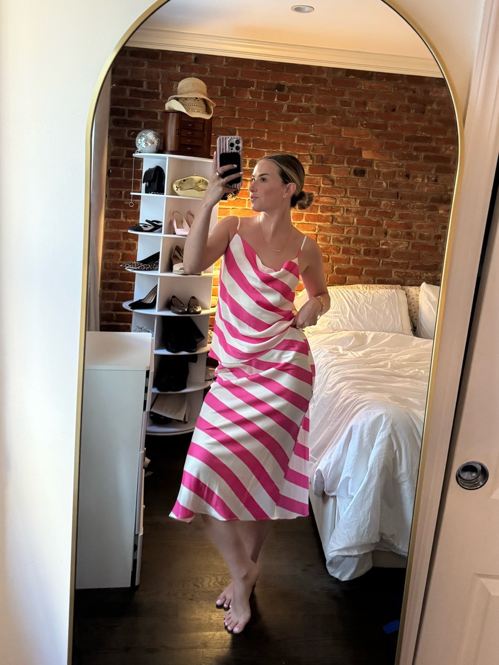 Pink & White Diagonal Stripe Skirt Set